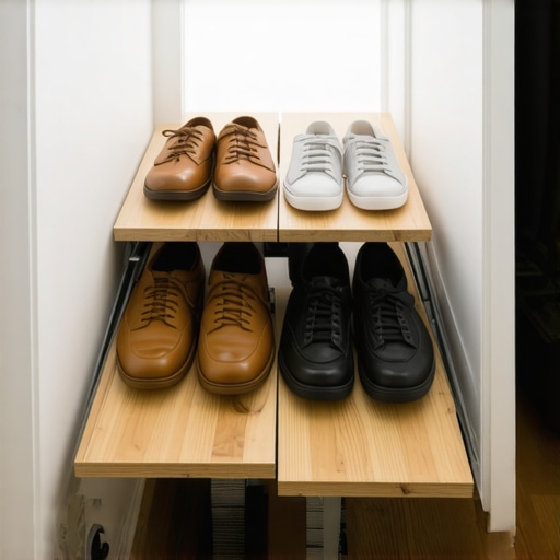 Uski izvlačni cipelarnik detalj Detalj mehanizma police za cipele na izvlačenje u uskom hodniku