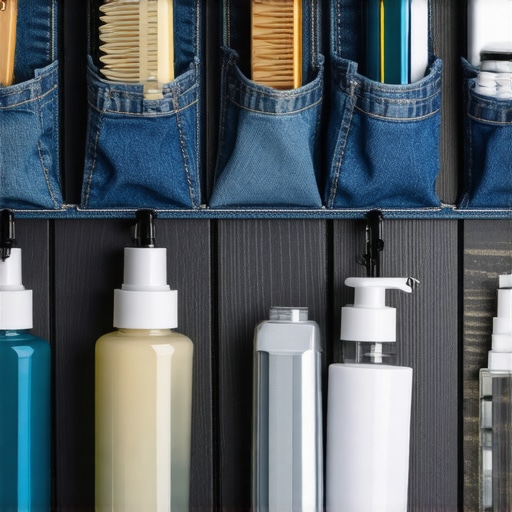 Ručno rađen organizator za kupatilo od starih farmerki sa džepovima za odlaganje.