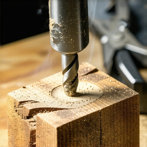 Krupni kadar metalne burgije zaglavljene u drvenoj gredi u radionici