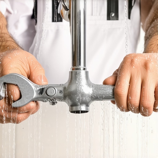 Ruke majstora zatežu slavinu ključem ispod lavaboa