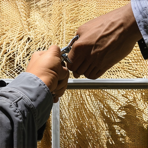 Detaljan prikaz vezivanja paravana od trske za metalnu ogradu pomoću žice i klešta