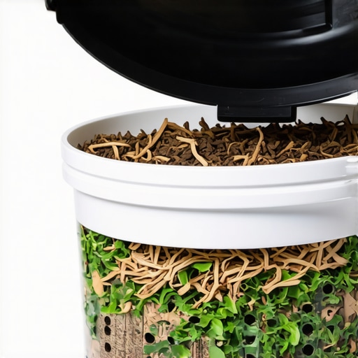 Close-up of a two-bucket DIY indoor composting system with layers of organic waste and cardboard.