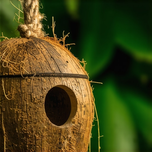 Ručno napravljena kućica za ptice od kokosove ljuske sa konopcem u prirodi