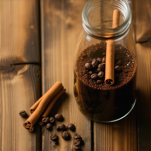 Domaći prirodni osveživač vazduha od kafe i cimeta u staklenoj tegli na drvenom stolu