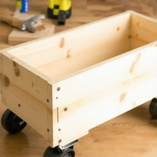 Ručno rađena drvena kutija za igračke sa gumenim točkovima u radionici