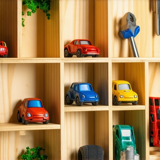 Ručno rađena drvena polica sa pregradama za kolekciju autića igračaka