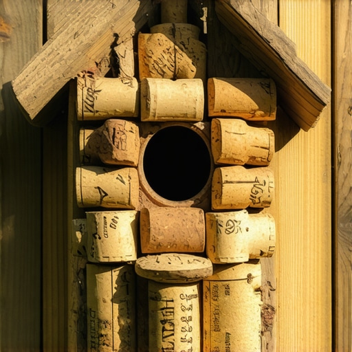 Kucica za ptice napravljena od vinskih cepova u basti