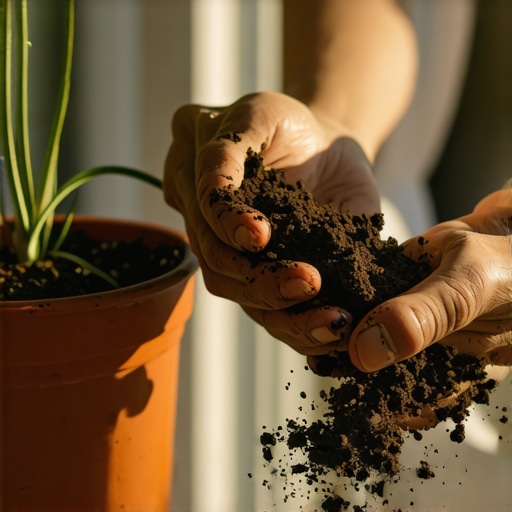 Ruke drže suvu zemlju pored uvenule biljke na balkonu