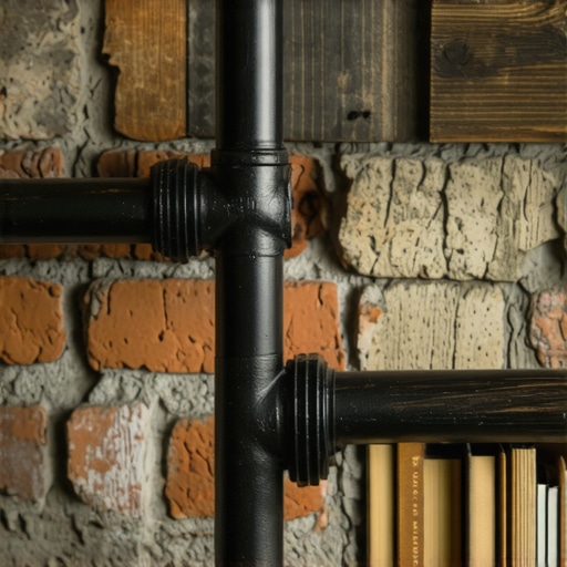 Detalj spoja crnih vodovodnih cevi i drvene daske na industrijskoj polici