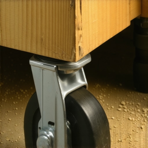 Close-up of high-quality rubber casters with brakes installed on wood