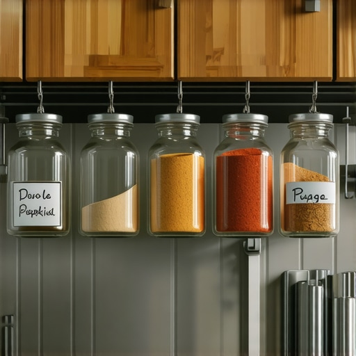 Tegle sa začinima koje vise na magnetnoj traci ispod kuhinjskog ormarića