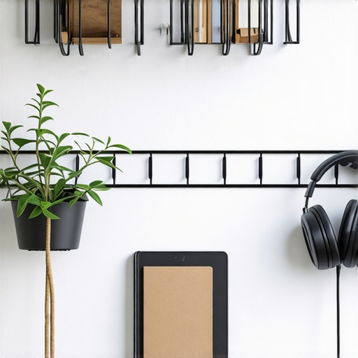 Moderna crna metalna zidna mreža u malom stanu sa biljkama i kancelarijskim priborom