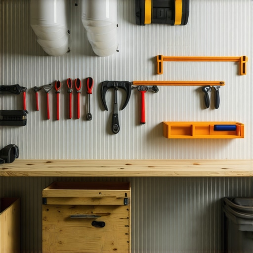 Unutrašnjost organizovanog podruma sa drvenim policama i alatima na zidu