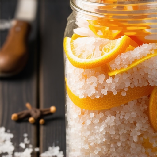 Staklena tegla sa krupnom solju i korama pomorandže na drvenom stolu