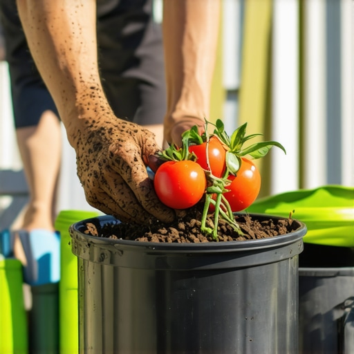 Osoba sadi paradajz u recikliranu crnu kantu na balkonu