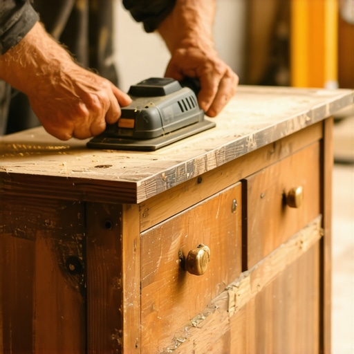 Hands sanding an old wooden dresser in a workshop