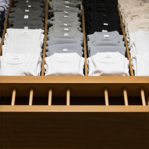 Prikaz vertikalno složenih majica u fioci pomoću file-folding tehnike za uštedu prostora