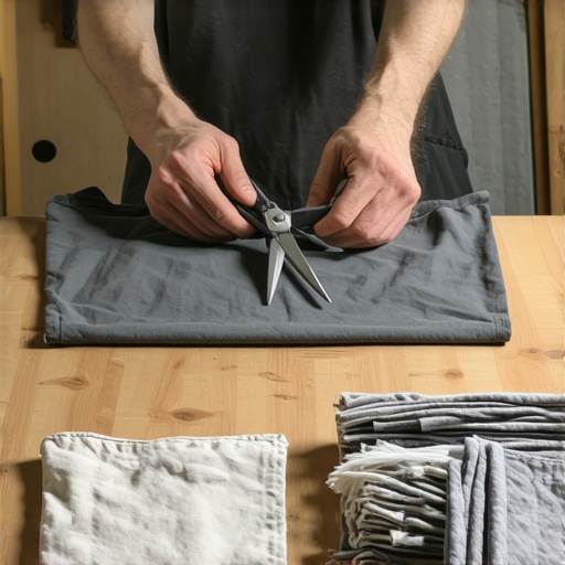 Ruke seku sivu pamučnu majicu na drvenom stolu za pravljenje krpa bez šivenja