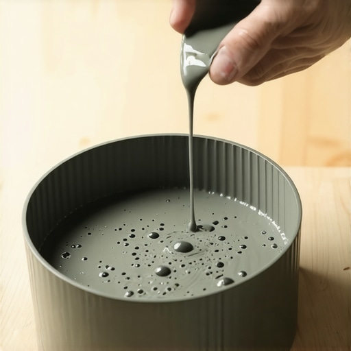 Detaljan prikaz sipanja sive betonske smese u okrugli kalup za tacnu za nakit