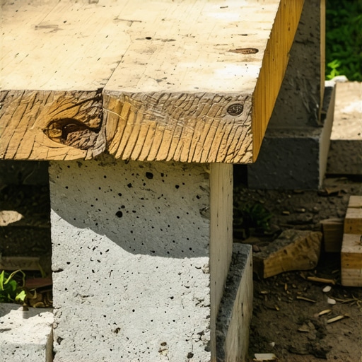 Baštenski sto od betonskih blokova i drvenih greda u dvorištu