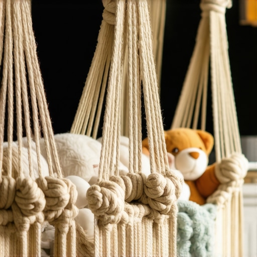 Ručno pletena mreža za organizaciju igračaka od prirodnog kanapa u uglu sobe