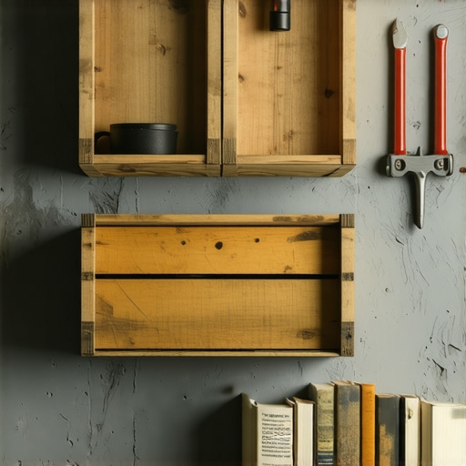 Rustični zidni organizator napravljen od starih drvenih gajbica za voće montiran na zid.