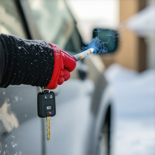 Čovek greje ključ od auta upaljačem na mrazu